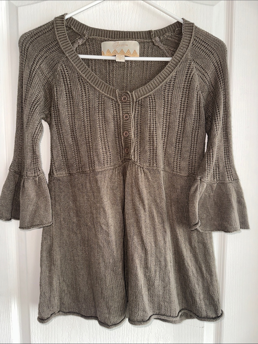 Olive Green Ribbed Henley Tunic with Flared Sleeves